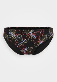 Bas de bikini noir avec un motif floral coloré en rouge, jaune et bleu. Le design est lisse avec une forme ajustée et une taille élastique.