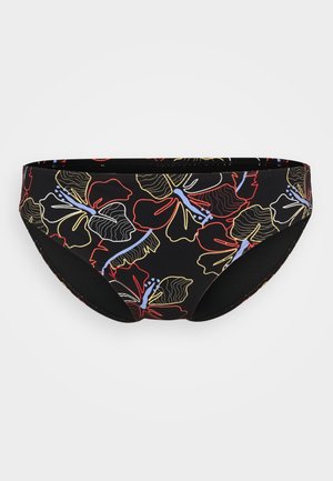 Svart bikiniunderdel med ett färgglatt blommönster i röd, gul och blå. Designen är slät med en åtsittande form och elastisk midjeresår.
