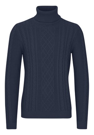 Pull ras du cou bleu marine avec motif en tricot torsadé, doté de poignets et d'un ourlet côtelés, fabriqué en un matériau tricoté texturé.