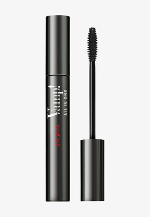 Schwarze Mascara-Tube mit silberner Schrift "Vamp! ALL IN ONE" und einem schwarzen Borstenapplikator. Glatte, glänzende Oberfläche, zylindrische Form.