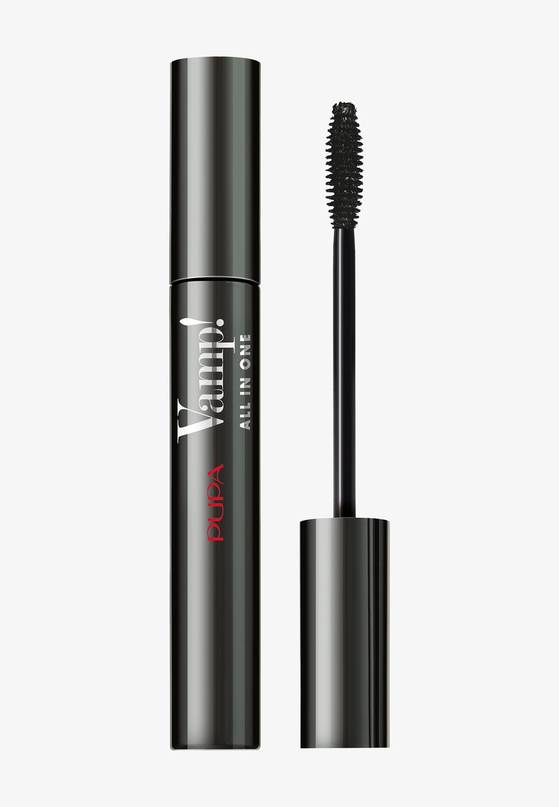 Czarna tubka maskary z srebrnym napisem "Vamp! ALL IN ONE" oraz czarną szczoteczką z włosiem. Gładkie, błyszczące wykończenie, kształt cylindryczny.