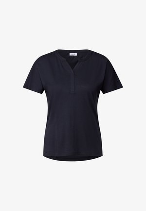 Mustapaita, jossa on lyhyet hihat ja V-pääntie, valmistettu pehmeästä puuvillamateriaalista, rento malli ja pyöristetty helma.