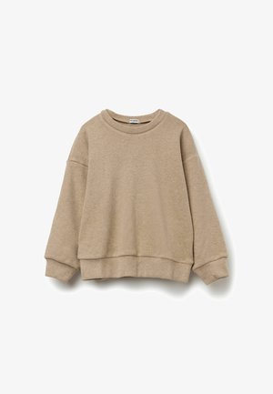Beiger Sweatshirt mit langen, lockeren Ärmeln, einem runden Ausschnitt und einem breiten Saum. Weicher, strukturierten Stoff mit minimalistischem Design.
