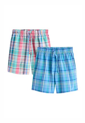 Zwei Paar Shorts mit elastischem Bund und Kordelzug, eines in rosa-grün kariert und eines in blau-grün kariert, vor weißem Hintergrund.