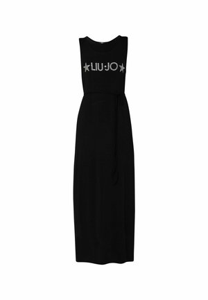 Schwarzes Maxikleid aus weichem Stoff, mit Rundhalsausschnitt, ärmellosem Design und gebundener Taille. "LIU•JO" Logo in silbernen Sternen über der Vorderseite.