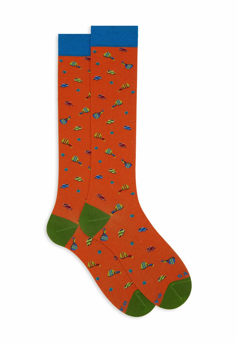 Knee-high socks with an orange background, blue cuffs, and green heels featuring a repeated pattern of colorful fish and shapes.