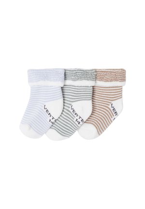 Three pairs of baby socks with rolled cuffs, striped patterns in blue, green, and brown, laid side by side on a white background.