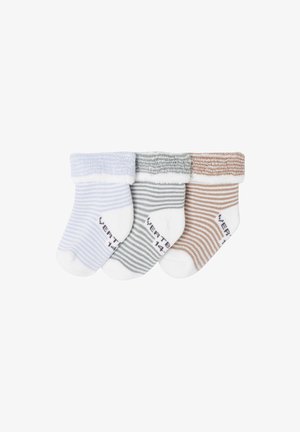 Three pairs of baby socks with rolled cuffs, striped patterns in blue, green, and brown, laid side by side on a white background.