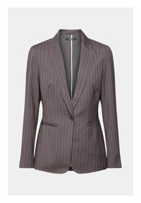 Veste blazer cintrée pour femme en gris foncé avec de fines rayures blanches verticales et une fermeture à un bouton.