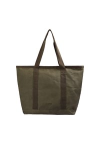Bolsa de lona verde oliva con asas y bordes marrones, de forma rectangular, y sutil logo "Scalpers" en el centro frontal.