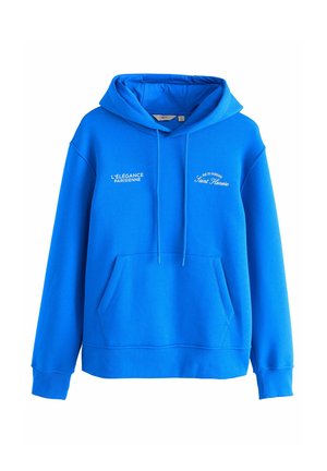 Blå hætte sweatshirt i bomuldsblanding med en lomme foran, snører og hvide tekstdesigns på brystet. Glat tekstur.