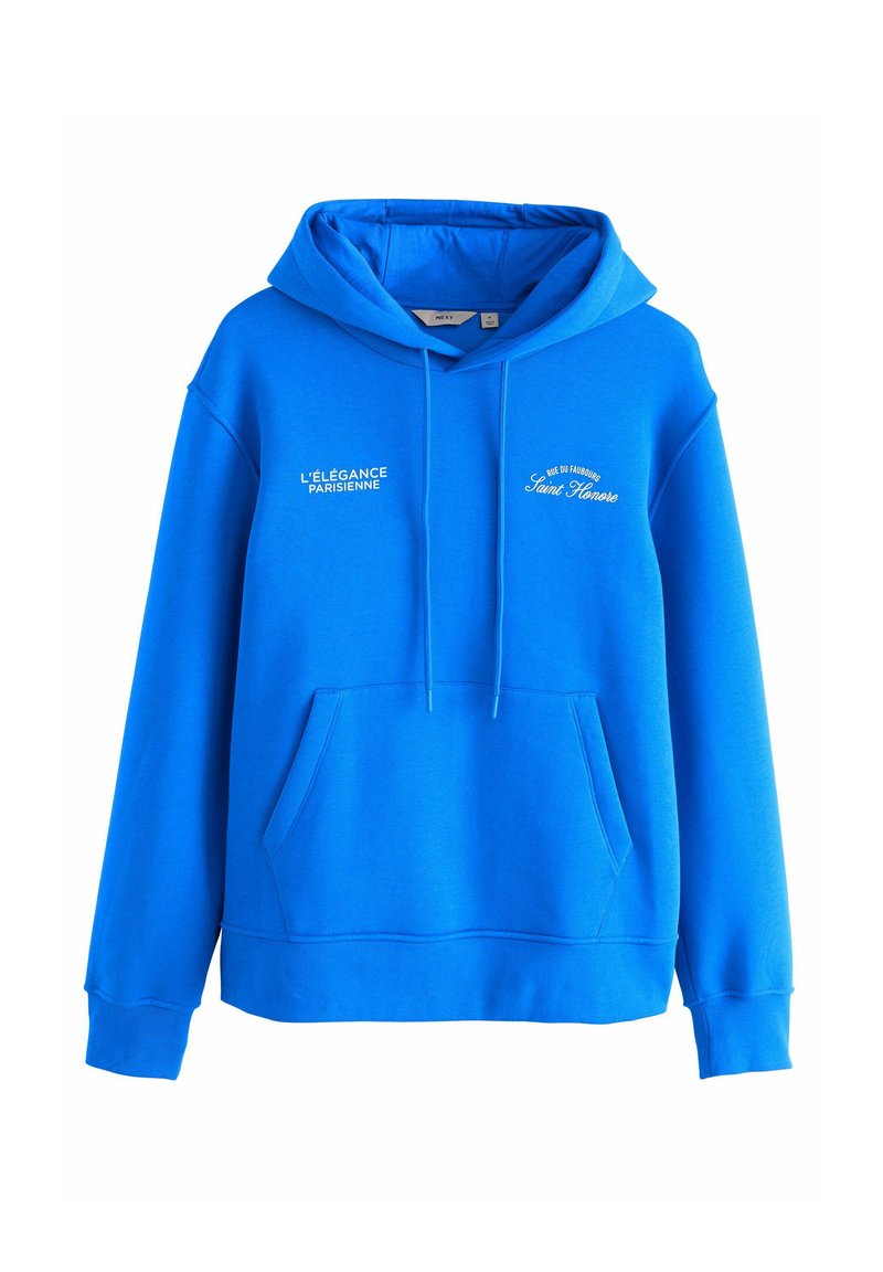 Blue hooded sweatshirt in cotton blend, featuring a front pocket, drawstrings, and white text designs on the chest. Smooth texture.