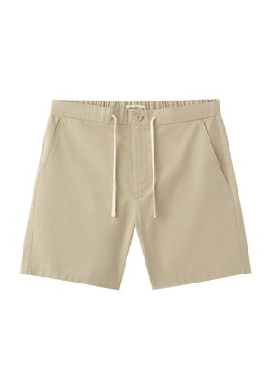 Pantalones cortos casuales beige con cintura elástica, cierre de botón, cordón y bolsillos laterales, adecuados para uso diario.