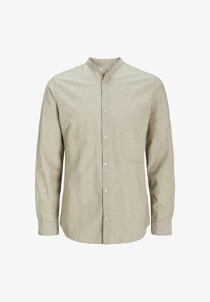 Langärmliges, hellbeiges Hemd mit Stehkragen, durchgängiger Knopfleiste und einem strukturierten Stoff. Bietet einen lockeren Schnitt und ein minimalistisches Design.