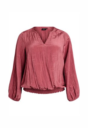 Rausvų ilgomis rankovėmis palaidinė su V formos iškirpte, susiraukiamu elastingu apačiu ir šiek tiek tekstūrizuotu audiniu.