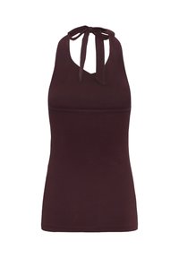 Haut sans manches marron foncé à nouer au cou avec un détail de couture sous la poitrine.