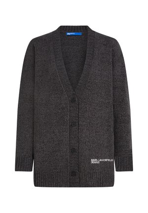 Cardigan lavorato a maglia di un grigio scuro, con scollatura a V, polsini e orlo a coste, chiusura con bottoni frontali e un accento del logo bianco sul lato sinistro in basso.