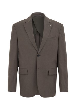 Jednorzadové tmavohnedé pánske sako s výrezovými klopami, dvoma prednými vreckami so záklopkami a náprsným vreckom.