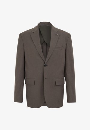 Donkerbruin herenpakjack met één knoop, inkeping revers, twee voorflapzakken en een borstzak met bies.