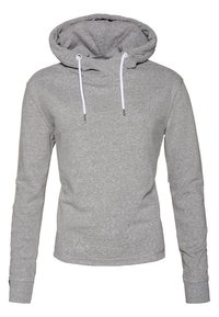 Sudadera gris hecha de una tela suave, con capucha ajustable, mangas largas, puños acanalados y un diseño simple y sin adornos.