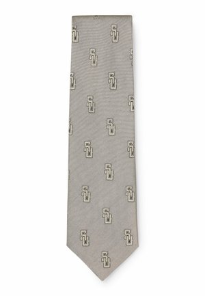 Cravatta grigio chiaro con sottili strisce orizzontali nere e motivo ripetuto con il logo intrecciato "SJ" in grigio scuro.