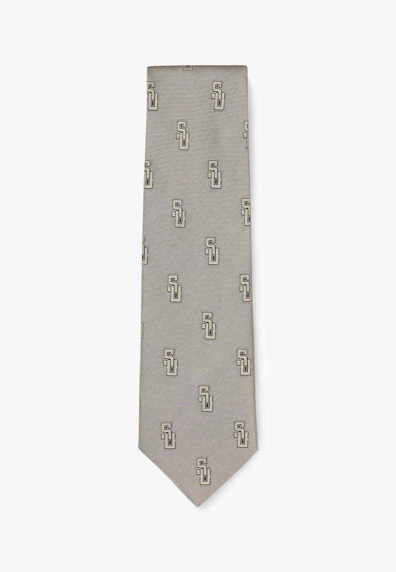 Cravatta grigio chiaro con sottili strisce orizzontali nere e motivo ripetuto con il logo intrecciato "SJ" in grigio scuro.