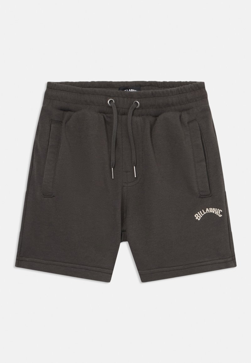 Pantaloni corti in cotone grigio scuro con vita elastica, cordoncino, tasche laterali e logo "Billabong" ricamato in off-white.