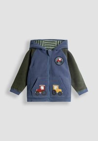 Sinine ja roheline fleece'i lukuga kapuutsiga sviiter, millel on traktorite dekoreeringud taskutel ja triibuline sisemine vooder. Omab kapuutsi ja soonikuga mansette.