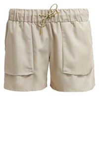Beige shorts with an elastic waistband, drawstring detail, and two large front pockets. Smooth fabric with a relaxed fit and clean edges.