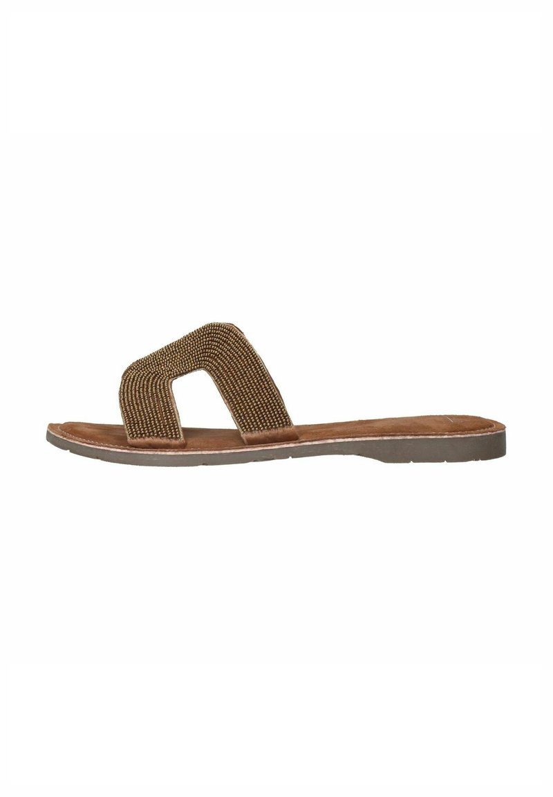 Brown slide sandal featuring a textured, woven strap with an open design, set on a padded footbed and flexible rubber sole.