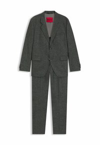 Gray textured suit with a tailored blazer and matching pants. Blazer features two buttons and flap pockets. Lined interior with a logo label.