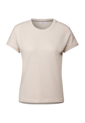 Top beige a maniche corte realizzato in tessuto testurizzato, con scollatura rotonda e dettagli decorativi con bottoni sulle spalle.