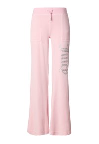 Rózsaszín melegítőnadrág puha anyagból, széles szárakkal, két első zsebbel, és az bal oldalon ezüst csillámmal díszített "Juicy" felirattal.