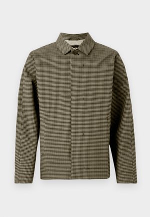 Jacke im Hahnentrittmuster in Olivgrün und Schwarz, mit einem Kragen, Knopfverschluss und langen Ärmeln. Glatte Stofftextur.