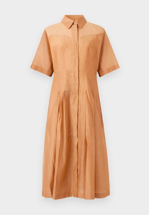 Light brown short-sleeve midi dress with collar, concealed front buttons, fitted waist, and pleated skirt.
