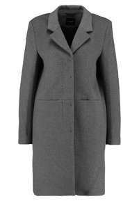 Šedý kabát z vlněné směsi s klopovým límcem, zapínáním na knoflíky, dvěma předními kapsami a rovně střiženou siluetou. Měkká textura, žádné viditelné vzory.