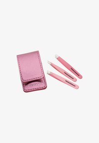 Set of three pink Tweezerman tweezers with different tips and a matching pink leather carrying case on a white background.
