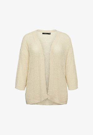 Beežist avatud esiosaga kootud kardigan 3/4 varrukatega ja tekstuurse, lahtise kudumismustriga.