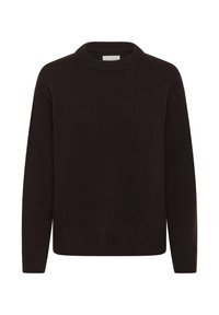 Dark brown knitted sweater with a round neckline, ribbed cuffs, and hem. Features a relaxed fit and smooth texture.