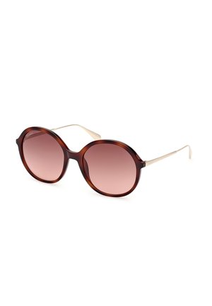 Gafas de sol redondas con montura de carey, lentes en degradado rosa y detalles en metal dorado. Las monturas tienen un acabado suave y una forma amplia.