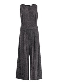 Grijze mouwloze jumpsuit van een gestructureerde stof, met brede pijpen, een strakke taille en een keyhole-halslijn. Elegante glans overal.