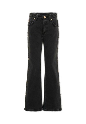 Jean flare noir avec des boutons dorés le long des coutures extérieures, poches avant, passants de ceinture et fermeture par bouton à la taille.