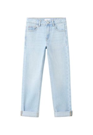 Jean en denim bleu clair avec revers roulés, bouton frontal, fermeture éclair, passants de ceinture et style à cinq poches.