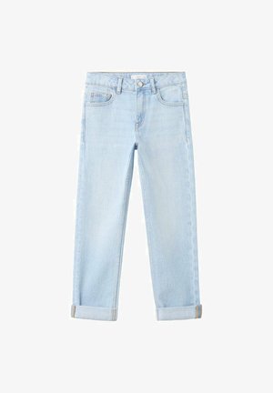 Blugi din denim bleu deschis cu manșete rulotate, nasture frontal, fermoar, bucle pentru curea și design cu cinci buzunare.