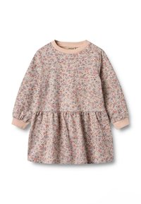 Vestido con estampado floral en rosa claro, con mangas largas y falda fruncida. Presenta escote y mangas acanaladas. Textura de tela suave.
