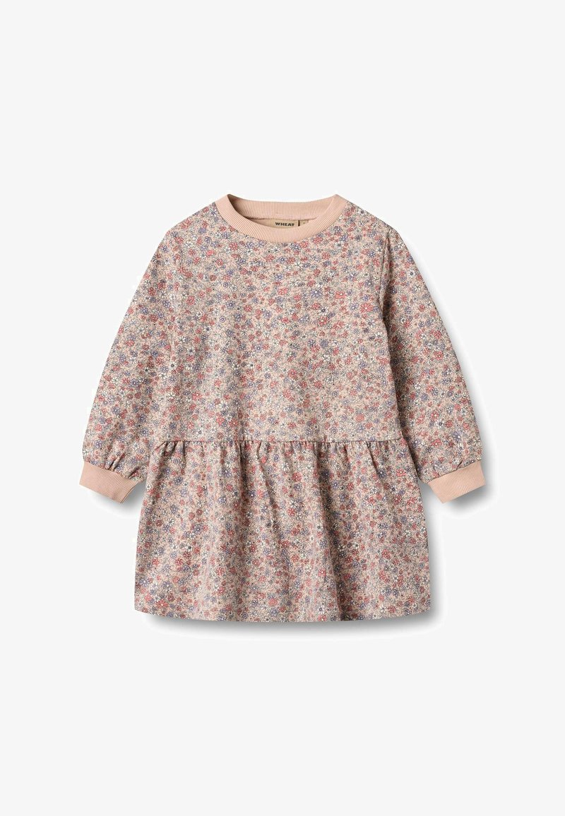 Rochie cu model floral în roz deschis, cu mâneci lungi și fustă plisată. Prezintă un guler ribatat și mâneci cu manșete. Textură moale a materialului.