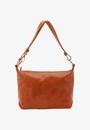 Bruine leren schoudertas met verstelbare riem en metalen gespen, rechthoekige vorm, gladde textuur en ritssluiting aan de bovenkant.