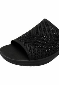 Infradito neri con una parte superiore testurizzata e dettagli neri scintillanti. Suola nera morbida e design open toe. Materiale leggero e traspirante.