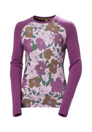 Paars langemouwen shirt met een bloemenpatroon in tinten roze, groen en bruin. De stof heeft een gestructureerde afwerking met contrasterende mouwen.