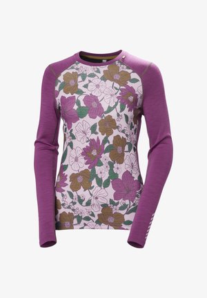 Lila langärmliges Shirt mit floralem Muster in den Farben Pink, Grün und Braun. Der Stoff hat eine strukturierte Oberfläche mit kontrastierenden Ärmeln.